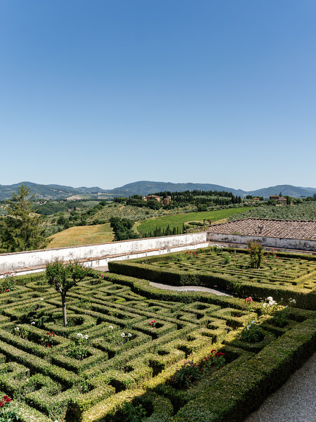 Manicured Italian gardens at Villa Corsini a Mezzomonte, iconic Florence wedding venue in Tuscany.