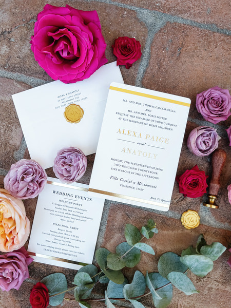 Luxury wedding invitation suite styled at Villa Corsini a Mezzomonte, elegant Jewish wedding in Florence, Tuscany.