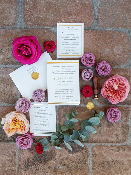 Wedding stationery styled with florals at Villa Corsini a Mezzomonte, Florence destination wedding in Tuscany.