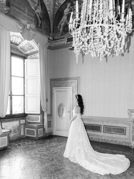 Bride in historic Tuscan villa interior at Villa Corsini, luxury wedding in Florence, Tuscany.