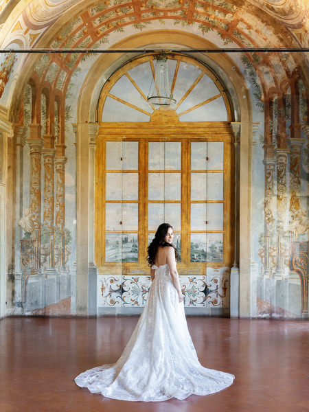 Bride in grand ballroom at Villa Corsini a Mezzomonte, luxury Tuscany wedding in Florence.