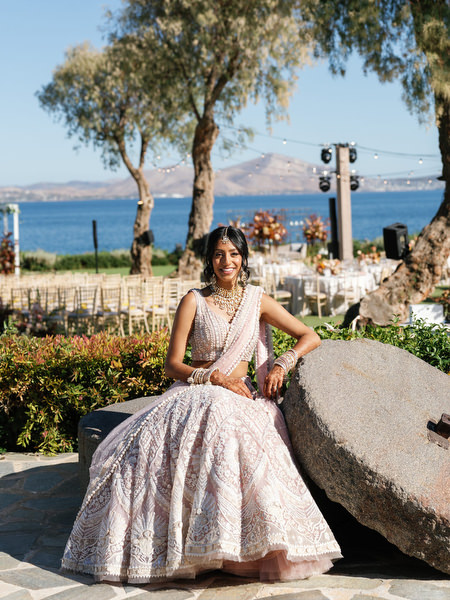 Bridal portrait with sea views during a luxury Indian wedding at Island Resort The Residence on the Athens Riviera