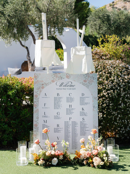 Seating chart and welcome display styled for a luxury Indian wedding at Island Resort The Residence on the Athens Riviera