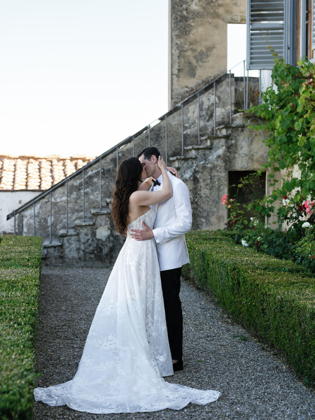 Romantic garden portrait at Villa Corsini, luxury Jewish wedding in Florence, Tuscany.