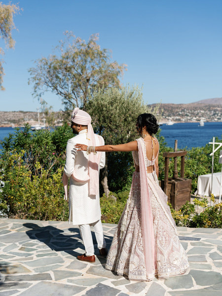 Bride and groom first look before their Hindu ceremony at Island Resort the Residence on the Athens Riviera