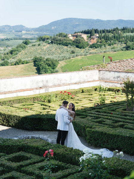 Villa Corsini Italian garden portrait, luxury Florence Jewish wedding in Tuscany.