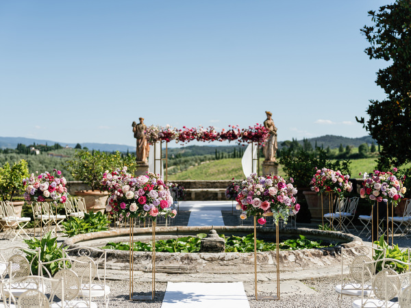 Floral chuppah setup at Villa Corsini a Mezzomonte, luxury Jewish wedding in Florence, Tuscany.