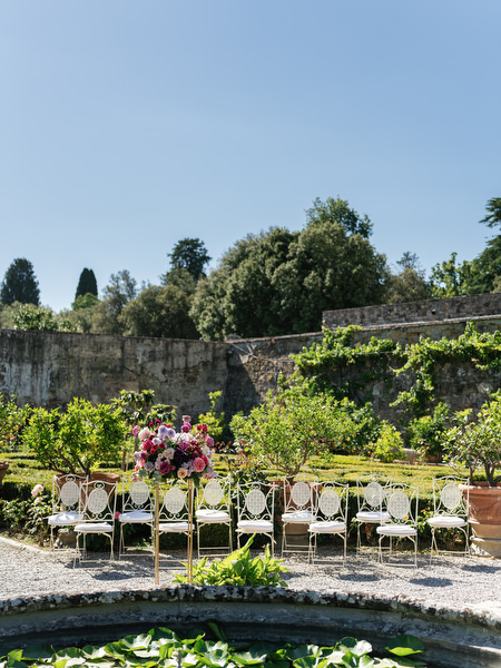 Outdoor ceremony seating at Villa Corsini, elegant Tuscany wedding venue in Florence, Italy.