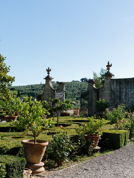 Historic gardens at Villa Corsini a Mezzomonte during Jewish wedding ceremony in Florence, Tuscany.