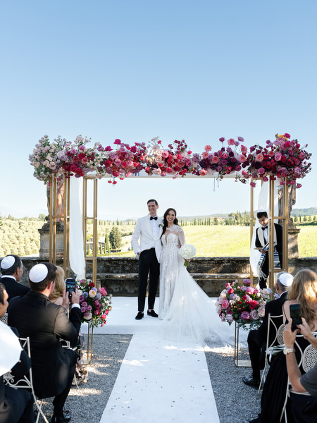 Jewish wedding ceremony at Villa Corsini a Mezzomonte overlooking Tuscan countryside in Florence.