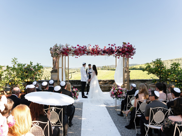Chuppah ceremony setup at Villa Corsini a Mezzomonte, Jewish wedding in Florence, Italy.