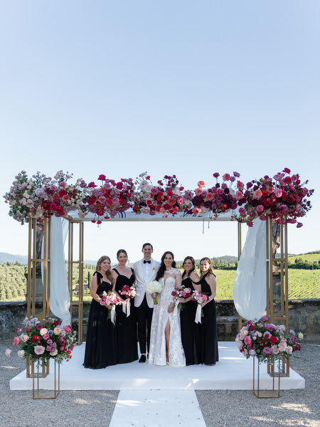 Bridesmaids portrait at Villa Corsini chuppah, elegant Florence destination wedding in Tuscany.