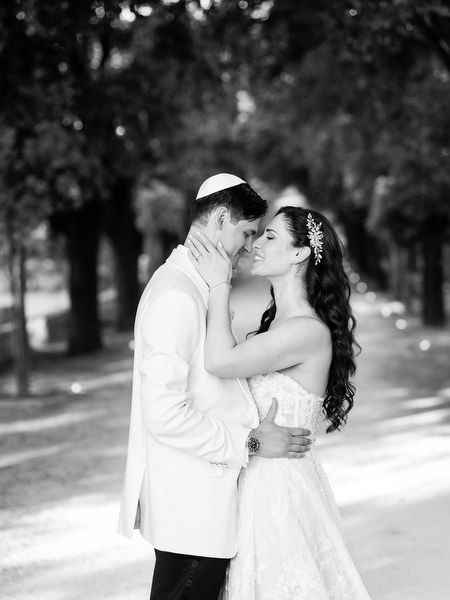 Elegant black and white portrait at Villa Corsini gardens, Tuscany destination wedding in Florence.