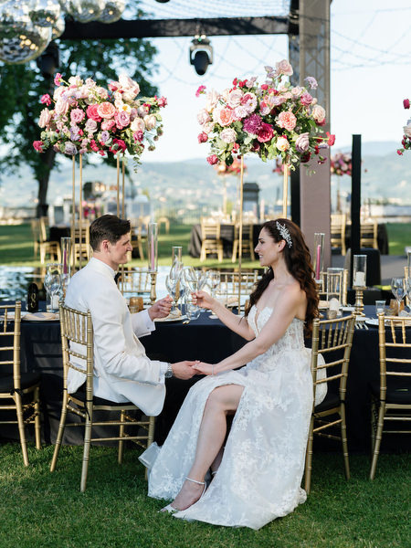 Bride and groom at reception at Villa Corsini a Mezzomonte, Tuscany Jewish wedding in Florence.