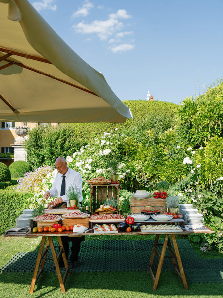 Traditional Italian buffet with fresh antipasti and seasonal produce during cocktail hour at La Foce