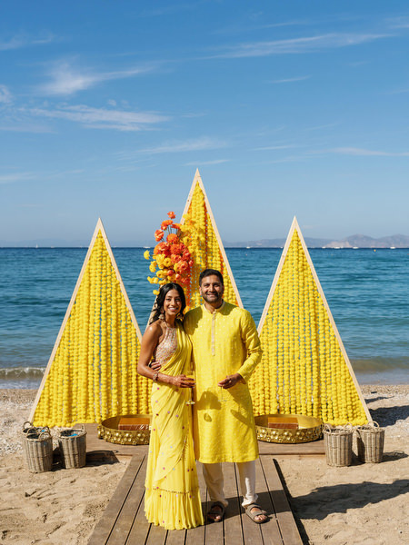 Bride and groom portrait during Haldi ceremony on the beach