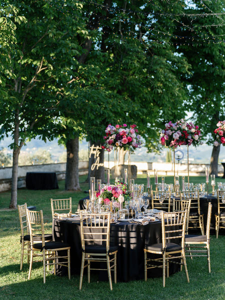 Elegant outdoor reception setup at Villa Corsini Tuscany, luxury Jewish wedding in Florence.