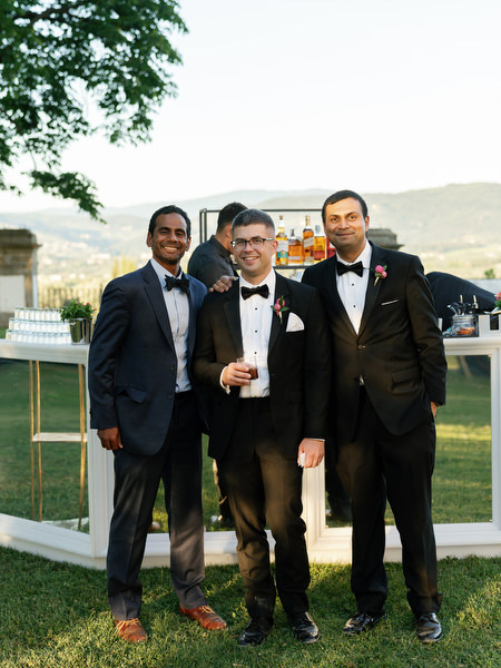 Groomsmen portrait during cocktail hour at Villa Corsini Tuscany, luxury Jewish wedding in Florence.