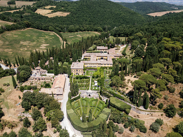 Aerial view of La Foce estate surrounded by rolling hills in the heart of Tuscany