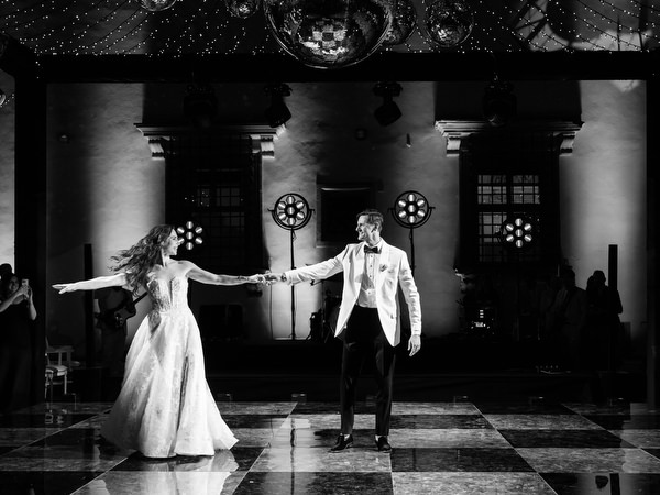 Black and white first dance portrait at Villa Corsini Tuscany Jewish wedding.