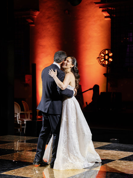 Bride dancing with father during Jewish wedding reception at Villa Corsini Florence.