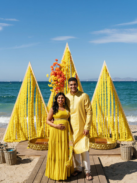 Couple portrait on beach during Haldi ceremony Athens