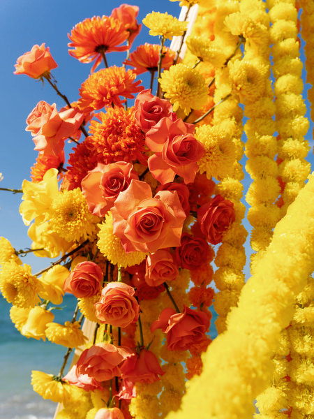 Close up of Haldi floral decoration with marigolds