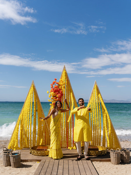 Couple celebrating during Haldi ceremony at Rubirosa