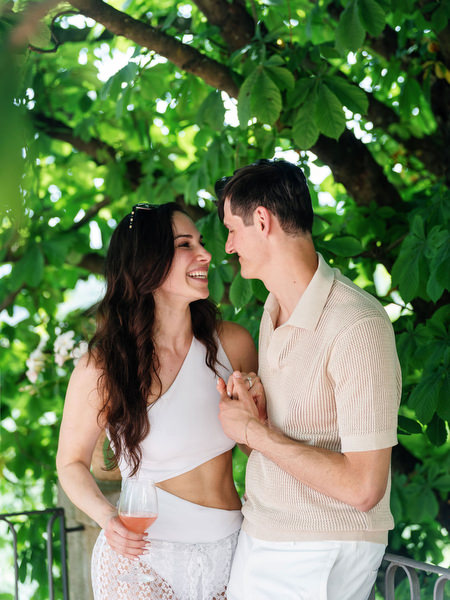 Romantic portrait of bride and groom in Borgo I Vicelli garden