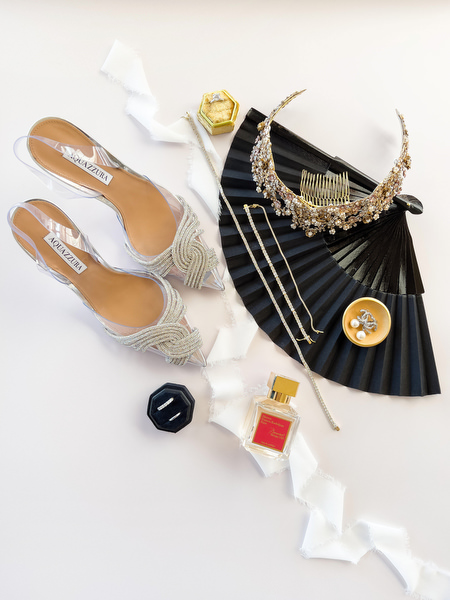 Aquazzura bridal heels and gold accessories for Athens wedding.