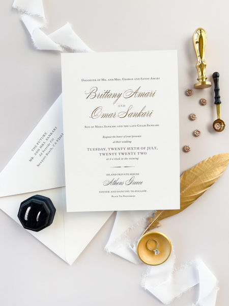 Elegant black and white wedding invitation in Athens Greece.