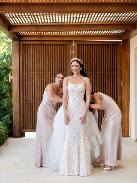 Bridal gown preparation at Athens Riviera wedding.