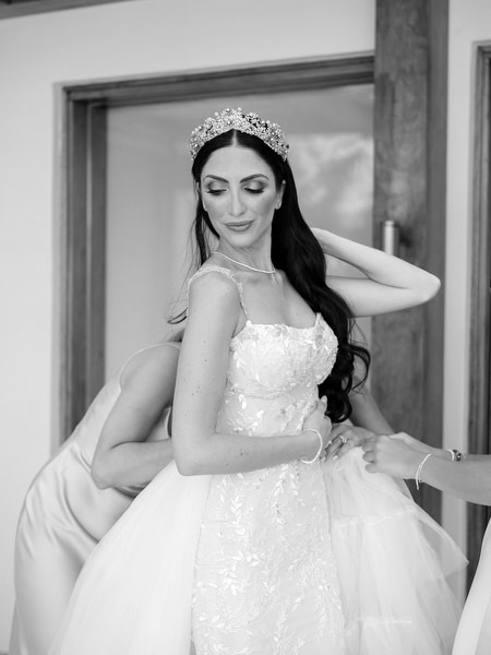 Bride in Berta wedding gown at Private House Island Resort Athens Riviera.