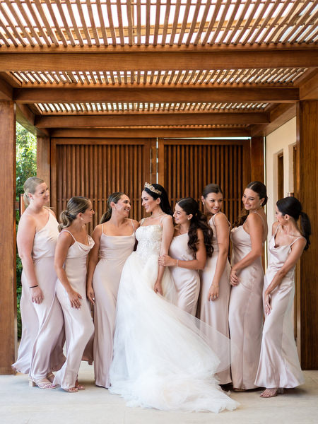 Bride with bridesmaids at Private House Athens Riviera wedding.