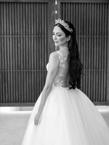 Editorial bridal portrait in Berta gown in Athens at Private House.