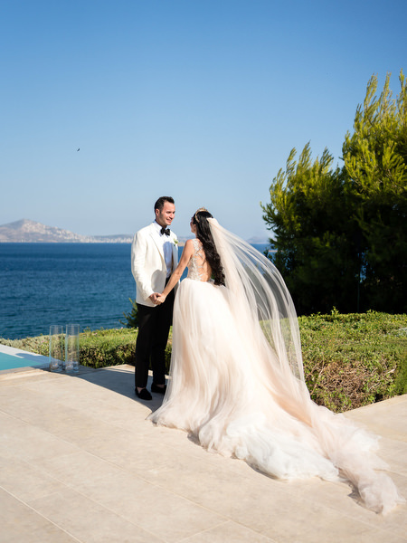 Athens Riviera destination wedding couple portrait.