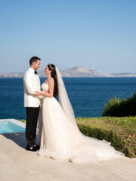 Luxury Athens seaside wedding ceremony portrait.