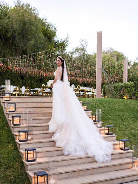 Editorial bridal portrait at Athens Riviera wedding.