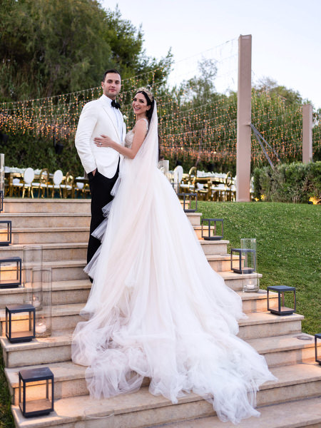 Athens destination wedding portrait in garden setting.