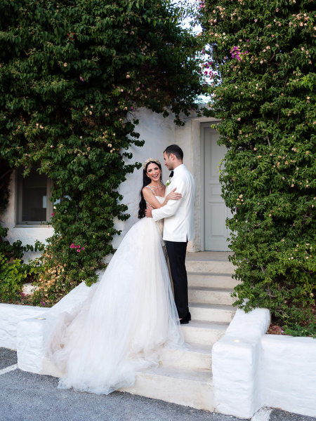 Athens destination wedding portrait in garden setting.