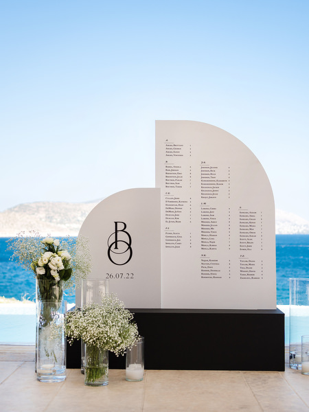 Black and white wedding seating chart at Athens Riviera.