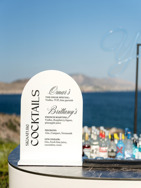 Signature cocktails at Athens Riviera wedding.