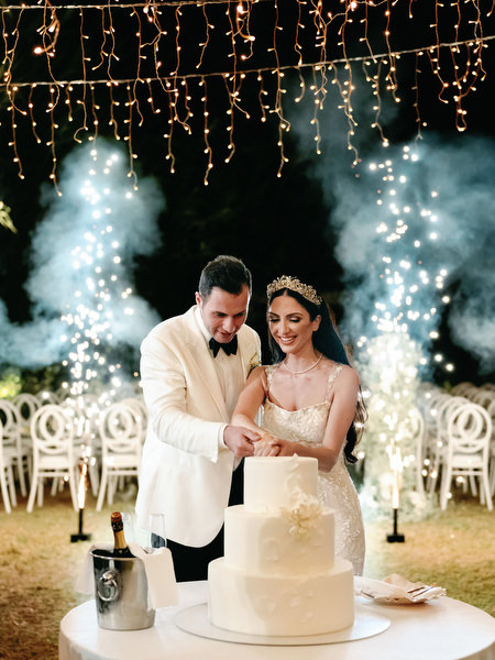 Luxury Athens Riviera wedding cake with fireworks.