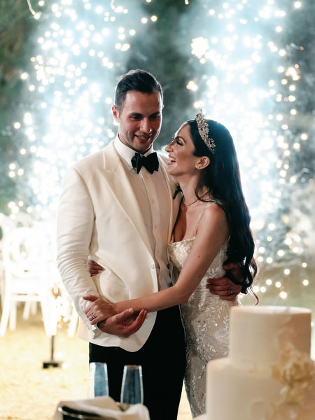 Luxury Athens Riviera wedding cake with fireworks.