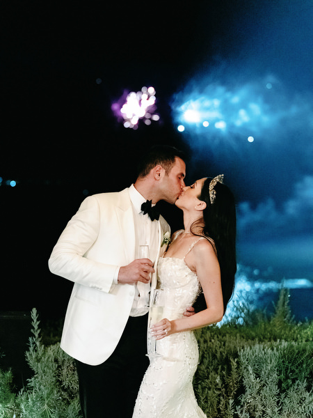 Luxury destination wedding fireworks Greece.