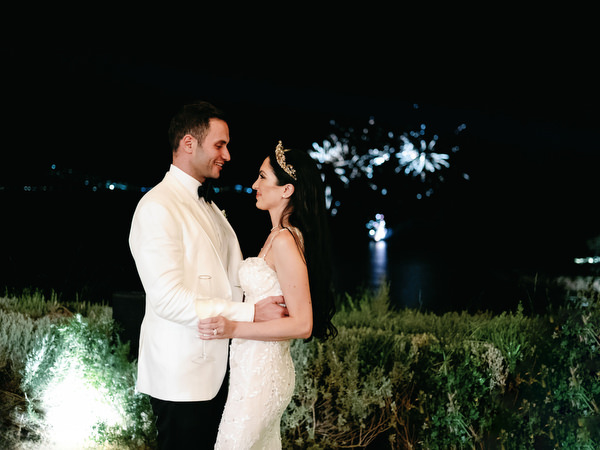 Luxury destination wedding fireworks Greece.