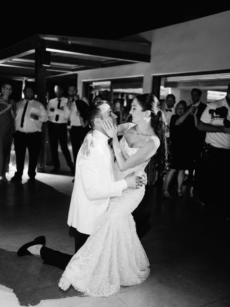 Editorial black and white wedding dance moment Athens.