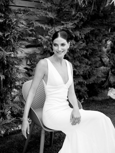 Black and white bridal portrait at Island Resort, timeless Athens Riviera wedding photography in Greece.