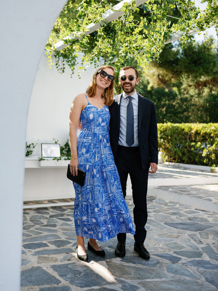 Wedding guests posing at Island Resort, elegant Athens Riviera wedding in Greece.