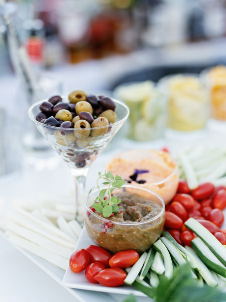 Mediterranean cocktail hour appetizers at Island Resort, luxury Athens destination wedding reception.